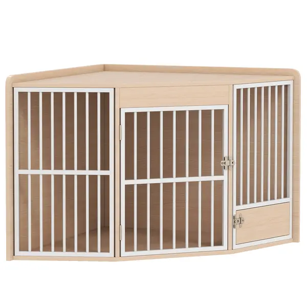 PawHut Cușcă de colț pentru câine, masă auxiliară, cu ușiță rotativă, pentru câini mici și mijlocii 113 x 80 x 64 cm, stejar | Aosom Romania