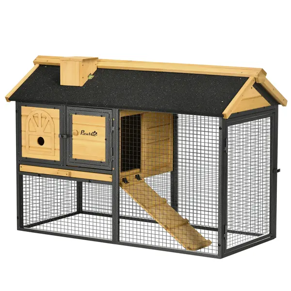 PawHut Cusca de exterior pentru iepuri, cu tava detasabila, curte, rampa, Casa pentru animale mici, 120 x 55.5 x 80 cm | Aosom Romania