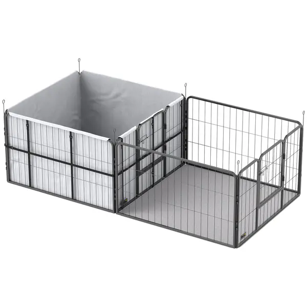 PawHut Cușcă de fătare pentru pui, box parc pentru pui cu 7 panouri, 2 compartimente, saltea lavabilă, 203x102x60cm Negru | Aosom Romania