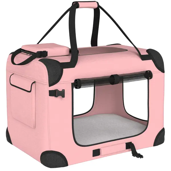 PawHut Cușcă de transport pliabilă pentru câini 60x41,5x41 cm cu ferestre din plasă pernă moale și 2 mânere pentru câini mini și pisici roz | Aosom Romania
