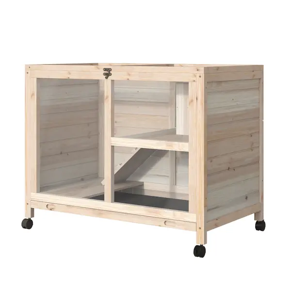 PawHut Cușcă din Lemn cu 2 Nivele, Căsuță pentru Iepuri, Cușcă cu Rampă și Tavă Detașabilă, 91.5x53.3x73 cm, Lemn Natural | Aosom Romania