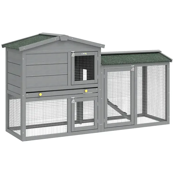 PawHut Cușcă din lemn cu 2 nivele, cu acoperiș din asfalt, tavă detașabilă și scară pentru exterior 150x45x85 cm Gri | Aosom Romania