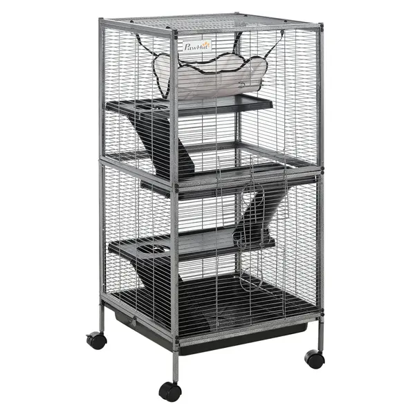 PawHut Cușcă din Oțel pentru Rozătoare cu 3 Niveluri, 4 Roți, Hamac și Tavă Detașabilă, 52x52x113.5 cm, Negru | Aosom Romania
