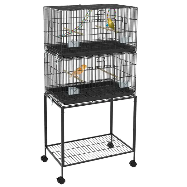 PawHut Cusca Dubla Stivuibila de 164cm pentru Pasari, pe Roti cu Suport, Tava Detasabila, Panou de Plasa Jos, Containere pentru Hrana | Aosom Romania