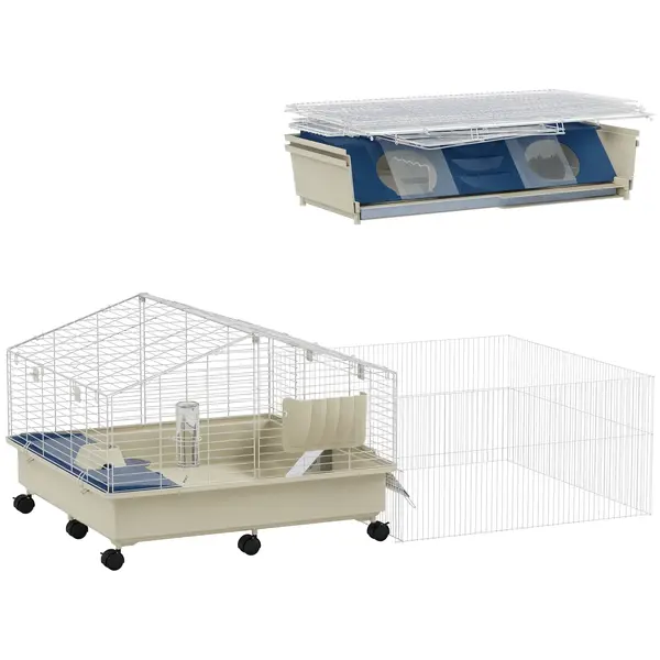 PawHut Cușcă pentru animale mici, balcon, rampă, suport pentru fân, sticlă pentru apă, design cu 2 nivele, alb | Aosom Romania