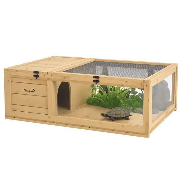 PawHut Cușcă pentru animale mici, broaște țestoase, cu 2 spații 91 x 60,5 x 32 cm lemn masiv galben deschis | Aosom Romania