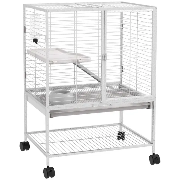 PawHut Cușcă pentru animale mici pe roți 2 nivele cu 2 uși, 1 rampă, 1 raft de depozitare 61,5 x 44,5 x 86 cm gri | Aosom Romania