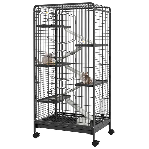 PawHut Cușcă pentru Animale Mici și Rozătoare cu Roți, 5 Rampe și 5 Platforme, 61.5x44x131 cm, Negru | Aosom Romania