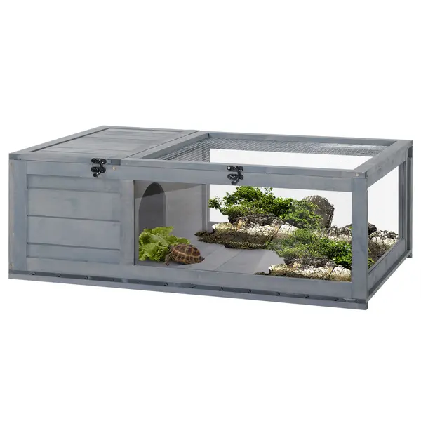 PawHut Cușcă pentru animale mici țestoase cu 2 spații 91 x 60,5 x 32 cm lemn masiv gri | Aosom Romania