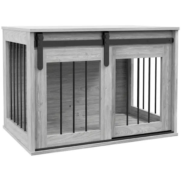 PawHut Cușcă pentru câine animale de interior ușă glisantă, metal cu efect lemn, dim. 57H x 80L x 54l cm | Aosom Romania