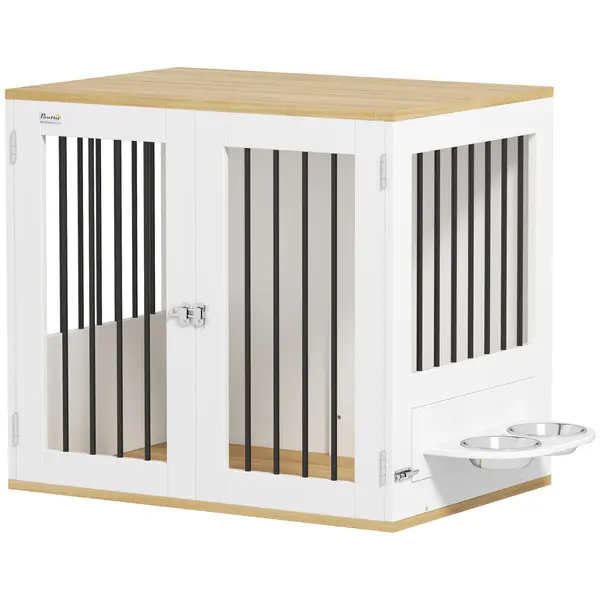PawHut Cușcă pentru câini, masă de cafea, boluri mobile rotative la 360°, 2 uși pentru câine de talie medie 80x55x71,5 cm alb | Aosom Romania
