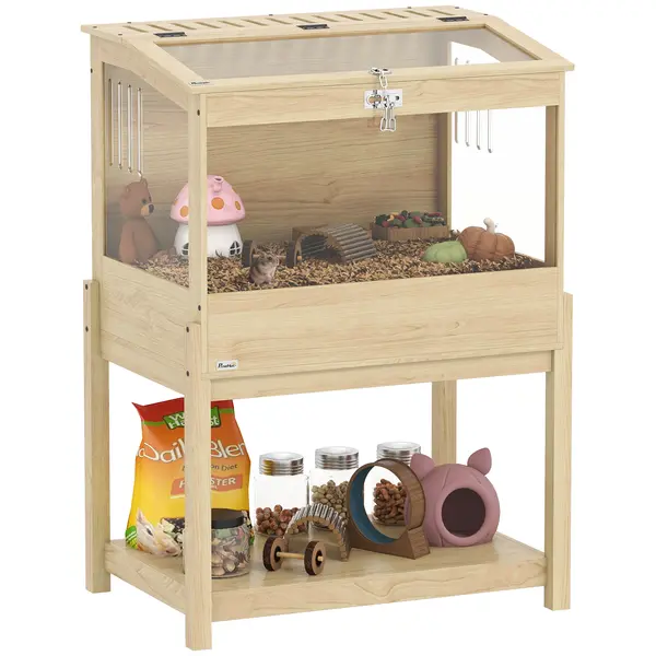 PawHut Cușcă pentru hamster din lemn înaltă cu raft de depozitare capac deschis 83,2 x 50 x 103 cm efect de lemn natural | Aosom Romania