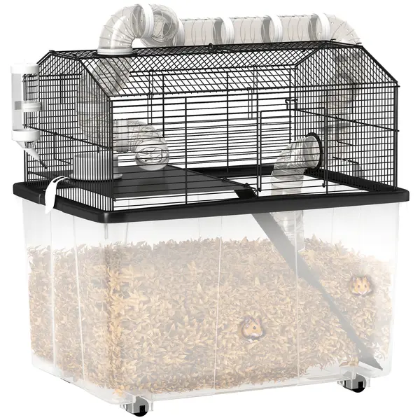 PawHut Cușcă pentru Hamsteri cu 2 Niveluri, Bază Adâncă, Roți, Tuburi, Bol, Sticlă de Apă și Rampă, 58x43x57 cm, Negru | Aosom Romania