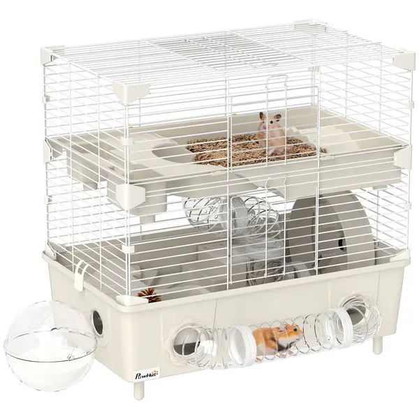 PawHut Cușcă pentru Hamsteri cu 2 Niveluri și 3 Uși, cu Roată și Tuburi, Crem și Alb | Aosom Romania