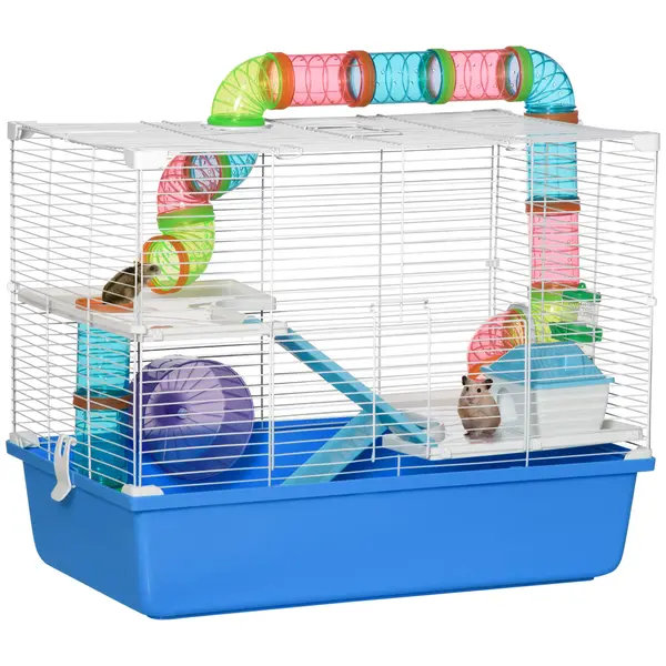 PawHut Cușcă pentru Hamsteri cu 3 Nivele, Tub, Roată de Alergat, Sticlă de Apă și Bol de Mancare, 59x36x47 cm, Albastru | Aosom Romania