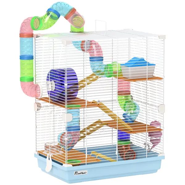 PawHut Cușcă pentru Hamsteri cu 5 Nivele, Tuburi, Rotiță, Scări, Căsuță și Sticluță, 46x30x58 cm, Albastru | Aosom Romania