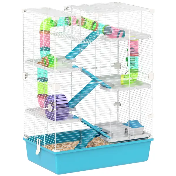 PawHut Cușcă pentru Hamsteri cu 6 Nivele, Tuneluri, Căsuță, Sticlă de Apă, Rampe, 2 Uși și Roată, 58x36x81 cm, Albastru | Aosom Romania
