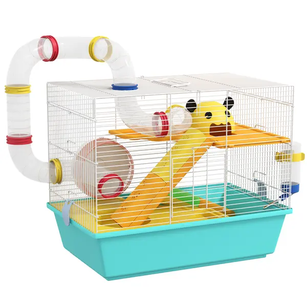 PawHut Cușcă pentru Hamsteri cu Roată, Căsuță, Bol, Rampe și Recipent Apă, Cușcă pentru Gerbili din Oțel, PS și PP, 45x28x37 cm, Alb și Albastru | Aosom Romania