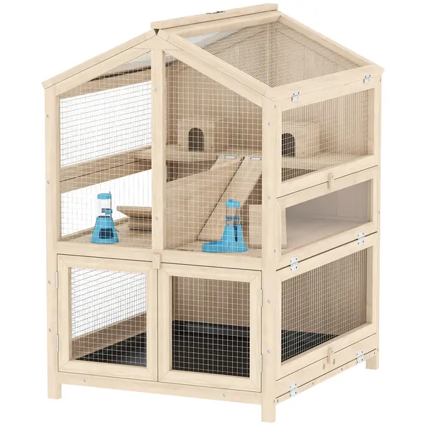 PawHut Cușcă pentru Hamsteri din Lemn cu 3 Niveluri cu Adăpătoare, Căsuțe, Leagăne, Tavă Detașabilă și Capace Rabatabile Natural | Aosom Romania