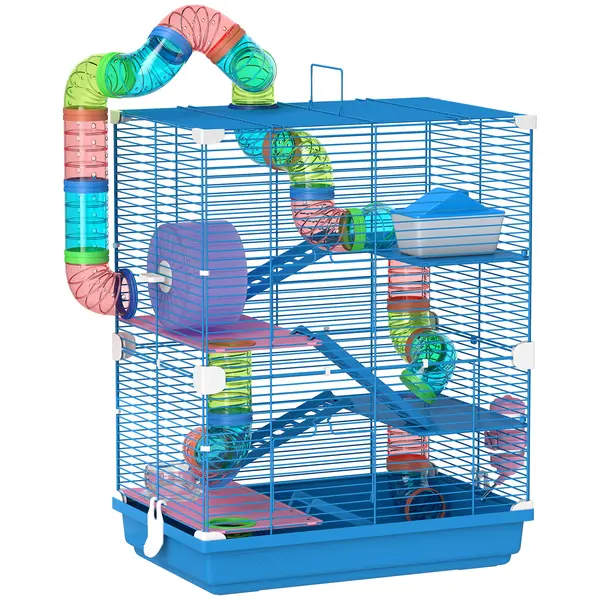 PawHut Cușcă pentru Hamsteri pe 5 Nivele cu Tuburi și Roată din Metal și Plastic Albastru | Aosom Romania