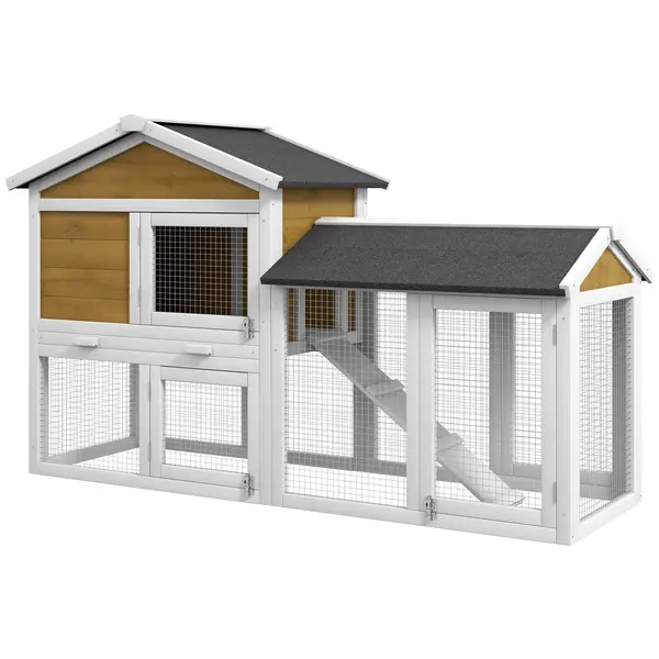 PawHut Cușcă pentru iepuri 2 niveluri Cușcă din lemn Cușcă pentru iepuri cu acoperiș bituminos Tarc de alergare Rampă Uși 147x54x84 cm Galben | Aosom Romania