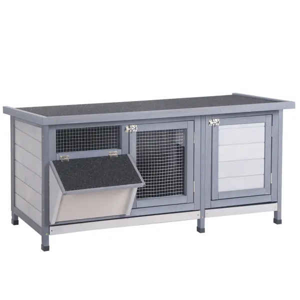 PawHut Cușcă pentru iepuri cu acoperiș asfaltat rabatabil Uși cu zăvor Tăvi detașabile și hrănitor 112x50x54 cm Gri | Aosom Romania