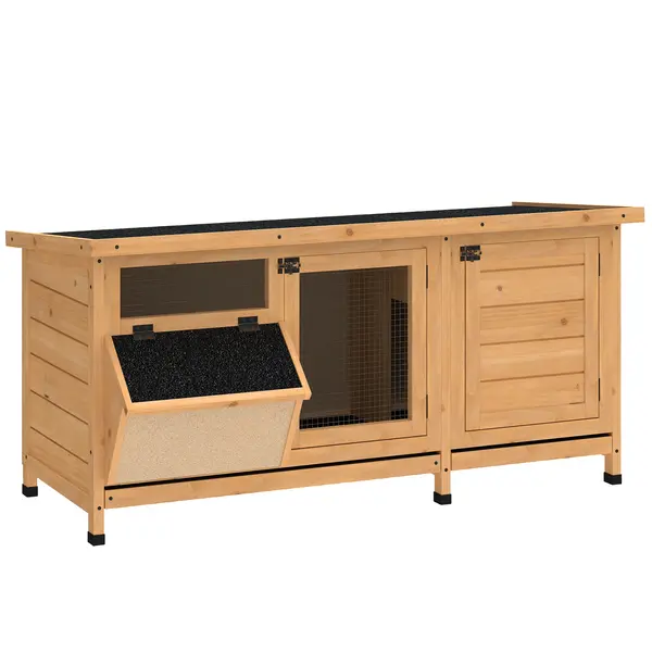 PawHut Cușcă pentru Iepuri din Lemn de Exterior cu Acoperiș din Asfalt, Căsuță cu Uși, Tăvi Detașabile și Hrănitoare, 112x50x54 cm, Galben | Aosom Romania
