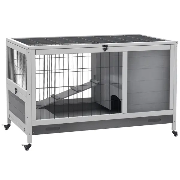 PawHut Cușcă pentru Iepuri și Porcușori de Guinea din Lemn cu Căsuță și Rampă, 90x53x59 cm, Gri | Aosom Romania