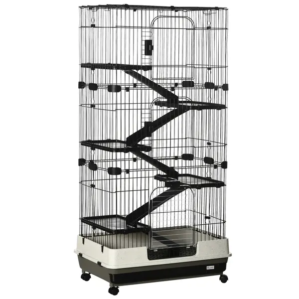 PawHut Cușcă pentru iepuri tarc cu 5 niveluri cu 3 uși 5 rampe tavă detașabilă roți 81 x 52,5 x 159 cm negru și gri | Aosom Romania