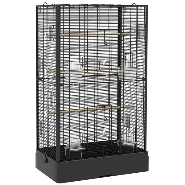 PawHut Cușcă pentru Păsări cu Tavă Detașabilă și Jucării, Volieră pentru Papagali, 61x36.5x98cm, Negru | Aosom Romania