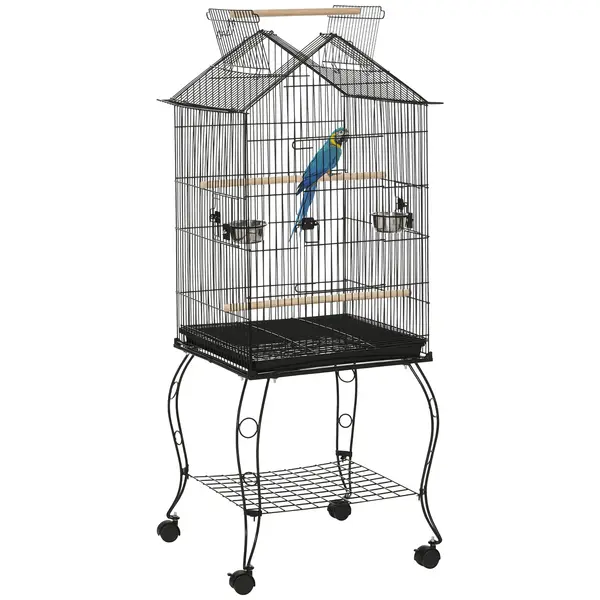 PawHut Cușcă pentru păsări pe suport cu 2 mese perșoare tavă detașabilă mâner și roți 50 x 58 x 137/145 cm negru | Aosom Romania