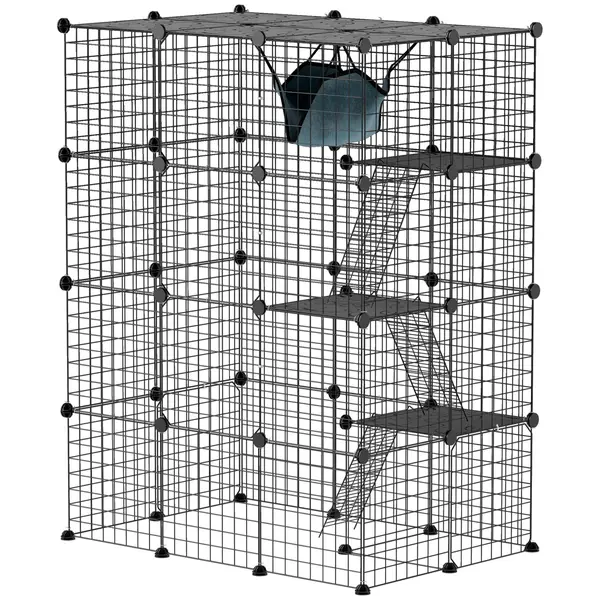 PawHut Cușcă pentru pisici de interior parc pentru pisici din oțel la 4 nivele DIY cu 5 uși hamac 1-3 pisici 105 x 70 x 140 cm negru | Aosom Romania