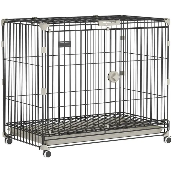 PawHut Cușcă pliabilă pentru câini, Tavă detașabilă, Roți cu frâne, Acoperiș rabatabil, Ușă de hrănire, 75,5x46x64,5cm, Negru | Aosom Romania