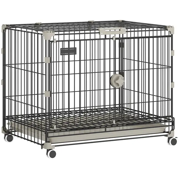PawHut Cușcă pliabilă pentru câini, Tavă detașabilă, Roți cu frâne, Acoperiș rabatabil, Ușă pentru hrănire, 60,5x45,5x54,5cm, Negru | Aosom Romania