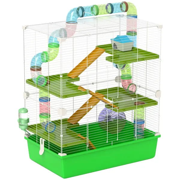 PawHut Cuștă pentru Hamsteri cu 5 Nivele, Tuburi, Căsuță, Rezervor de Apă și Roată, 59x36x69 cm, Verde | Aosom Romania