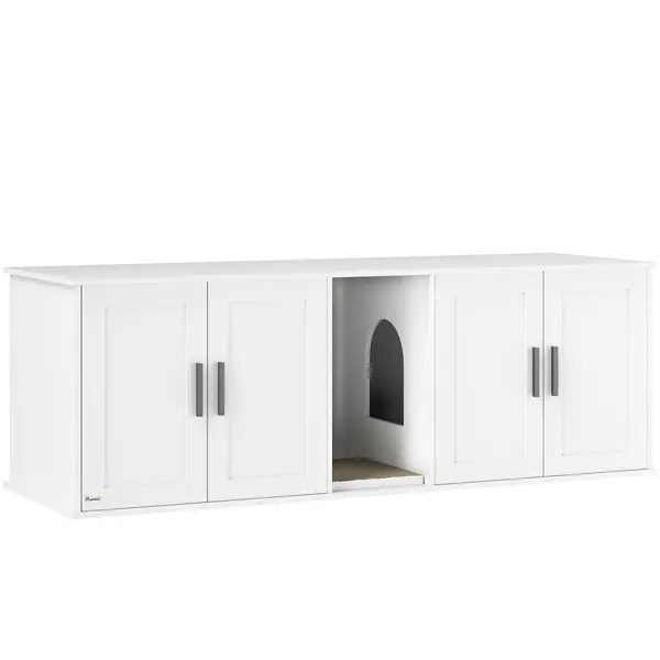 PawHut Dulap pentru litieră, casă pentru pisici cu ușă și despărțitor, litieră pentru pisici mari 145 x 49 x 51 cm Alb | Aosom Romania