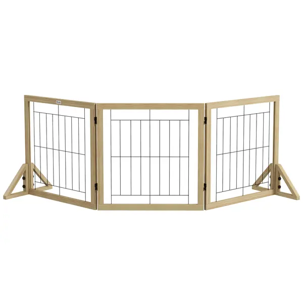 PawHut Gard pliabil pentru câini, gard de siguranță pentru animale de companie și căței cu 3 panouri și suporturi triunghiulare, 210x70 cm, lemn natural | Aosom Romania