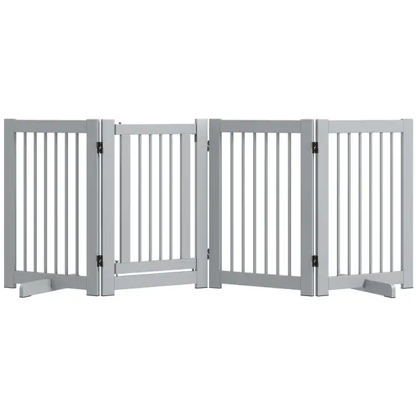 PawHut Grilă pentru câini independentă, 4 panouri, flexibilă, lemn de brad, 204L x 36A x 75Î cm, Gri deschis | Aosom Romania
