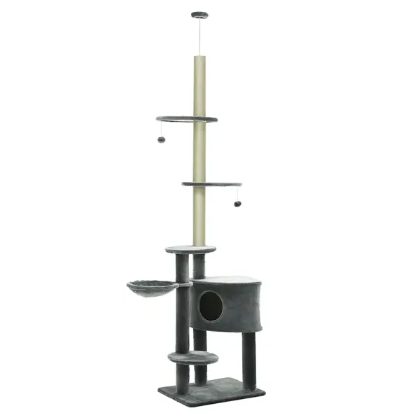 PawHut Kratzbaum deckenhoch Înălțime 220-265 cm Arbore pentru pisici cu bile de joc, cuib pentru pisici, hamac, stâlpi de sisal, platforme, zgârieui pentru pisici cu mai multe etaje pentru pisici de dimensiune medie, Gri închis | Aosom Romania