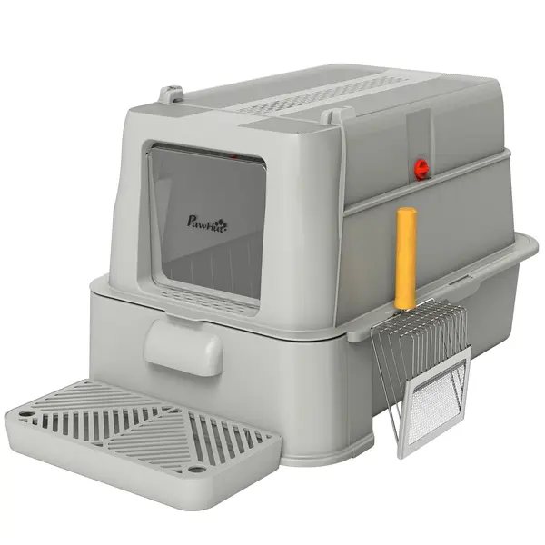 PawHut Litieră închisă pentru pisici de 80L cu tavă detașabilă, din ABS și oțel inoxidabil, 63x43x43 cm, gri deschis | Aosom Romania