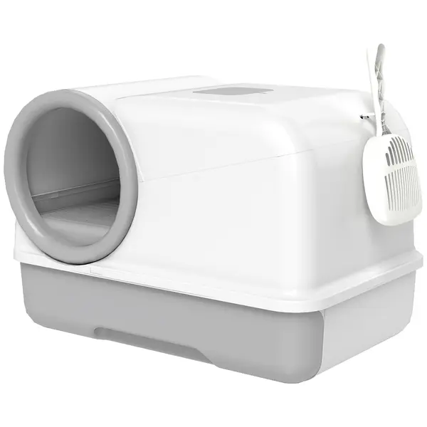 PawHut Litieră pentru Pisici cu Capac, Litiere Pisici cu Tavă și Lopățică Inclusă, Saci Deodorant, Ușor de Curățat, Alb și Gri | Aosom Romania