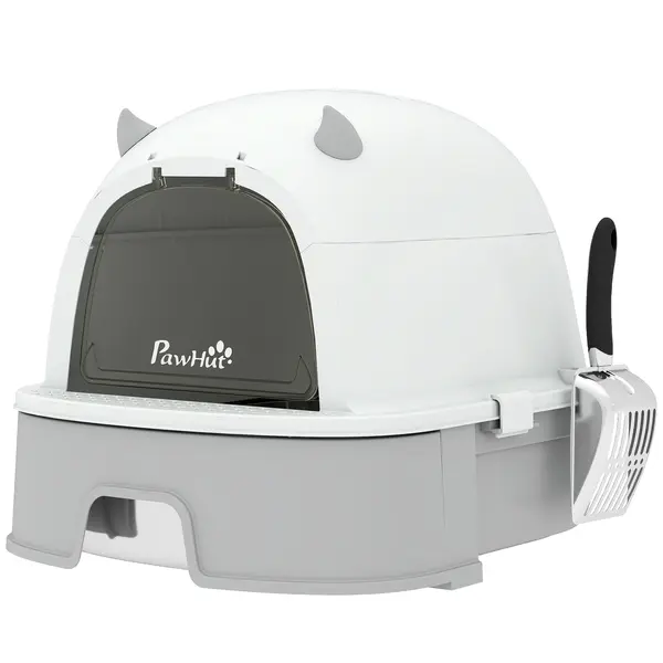 PawHut Litieră pentru Pisici L Cutie de Nisip pentru Pisici cu Capotă Detașabilă și Tavă Detașabilă din Oțel Inoxidabil Lopată Gri | Aosom Romania