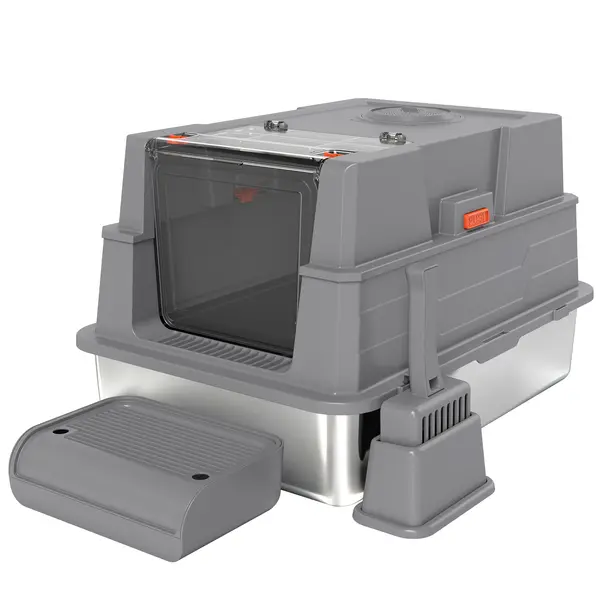 PawHut Litieră XXL din oțel inoxidabil 130 L cu capac rabatabil 180°, pereți înalți, lopățică, pedală 70x50x43cm Gri | Aosom Romania