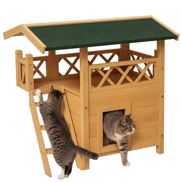 PawHut Maison lodge pentru pisici sălbatice rătăcitoare cu terasă scară 77 x 50 x 73 cm lemn natural și verde | Aosom Romania