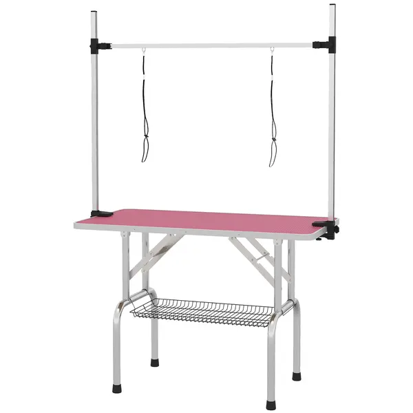 PawHut Masă de toaletat canină pliabilă cu coș metalic, bară din oțel inoxidabil reglabilă, 107x60x164 cm, roz | Aosom Romania
