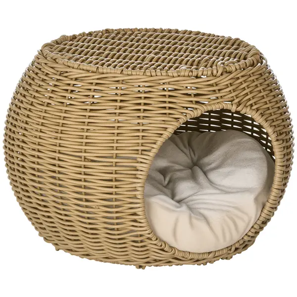 PawHut Niche coș casă pentru pisici 2 etaje din rășină împletită aspect răchită cu 1 pernă moale Ø 40 x 30 cm maro deschis | Aosom Romania
