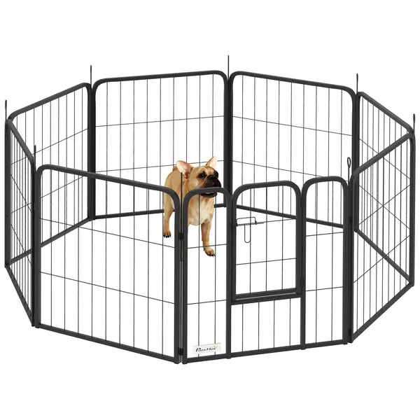 PawHut Parc pentru câini împrejmuire câini 8 panouri modulabil și pliabil oțel cu ușă pentru cățeluș interior exterior 60 cm negru | Aosom Romania