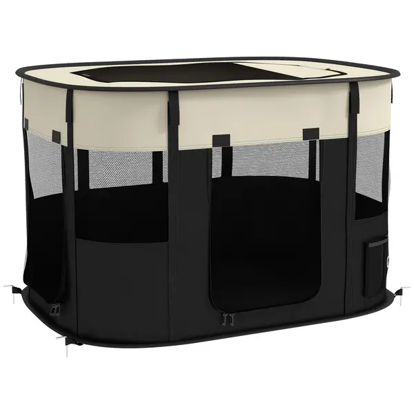 PawHut Parc pliabil pentru câini, pisici și animale mici din țesătură Oxford cu depozitare 94 x 74 x 60 cm alb crem și negru | Aosom Romania