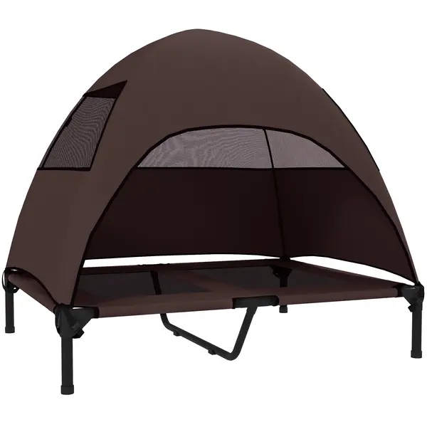 PawHut Pat de exterior pentru câini cu acoperiș, pat înălțat pentru câini mari, 91 x 76 x 90 cm, Cafea | Aosom Romania