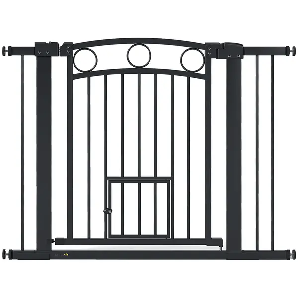 PawHut Poartă pentru animale de companie, grilaj pentru scări 77 cm, lățime reglabilă 76-104 cm, cu ușă pentru pisici, pentru scări și deschideri de ușă, Negru | Aosom Romania